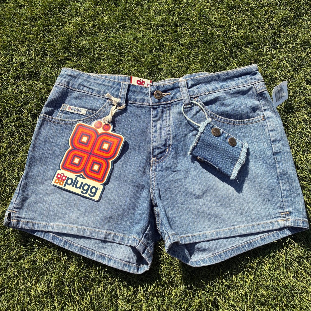 NWT Plugg Women Size 9 30x3 Blue Denim Shorts Y2K Medium Wash Detachable Pouch